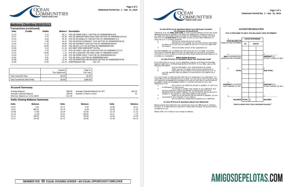 Extrato bancário da União de Crédito Federal das Comunidades Oceânicas do Maine dos EUA, 3 páginas 2 modelo